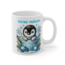 Tasse Mug Personnalisable "Prénom" avec Pingouin de Noël en Céramique - Cadeau Mignon et Festif