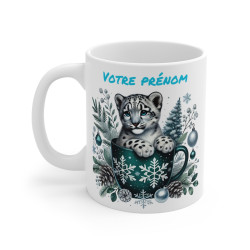 Mug Personnalisable "Prénom" avec Léopard des Neiges de Noël - Tasse en Céramique Festive et Unique