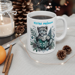 Mug Personnalisable "Prénom" avec Léopard des Neiges de Noël - Tasse en Céramique Festive et Unique