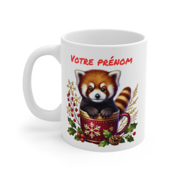 Mug Personnalisable "Prénom" avec Panda Roux de Noël en Céramique - Tasse Unique pour Enfants et Adultes