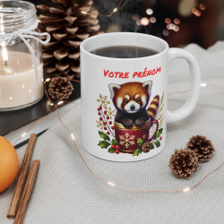 Mug Personnalisable "Prénom" avec Panda Roux de Noël en Céramique - Tasse Unique pour Enfants et Adultes