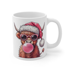 Mug Vache Highland Cool avec Bonnet de Noël et Bulle - Tasse en Céramique Amusante - Idée Cadeau Festif pour Enfants et Adultes