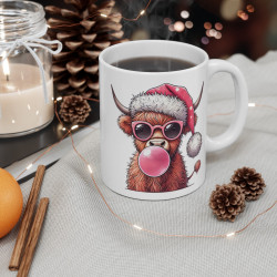 Mug Vache Highland Cool avec Bonnet de Noël et Bulle - Tasse en Céramique Amusante - Idée Cadeau Festif pour Enfants et Adultes