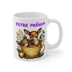 Tasse Mug Personnalisable "Prénom" avec Faon en Céramique de Noël - Idée Cadeau Unique et Festive pour Enfants et Adultes