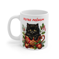 Mug Personnalisable "Prénom" avec Chat Noir de Noël - Tasse en Céramique pour Enfants et Adultes