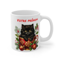 Mug Personnalisable "Prénom" avec Chat Noir de Noël - Tasse en Céramique pour Enfants et Adultes