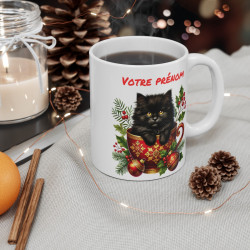 Mug Personnalisable "Prénom" avec Chat Noir de Noël - Tasse en Céramique pour Enfants et Adultes