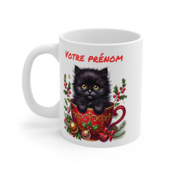 Mug Personnalisé Chat Noir en Tasse de Noël - Cadeau Unique et Festif en Céramique avec Prénom