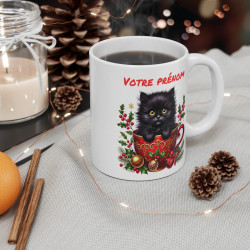 Mug Personnalisé Chat Noir en Tasse de Noël - Cadeau Unique et Festif en Céramique avec Prénom