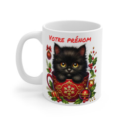 Mug Personnalisé Chat Noir en Tasse Festive - Cadeau Unique de Noël en Céramique avec Prénom