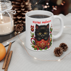 Mug Personnalisé Chat Noir en Tasse Festive - Cadeau Unique de Noël en Céramique avec Prénom