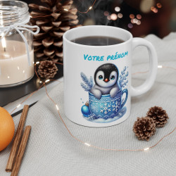 Mug Personnalisé Pingouin en Céramique - Idée Cadeau de Noël avec Prénom - Tasse Festive pour Enfants et Adultes