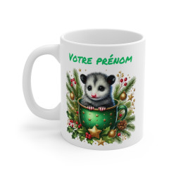 Mug Personnalisé Opossum en Céramique - Idée Cadeau de Noël avec Prénom - Tasse Festive pour Enfants et Adultes