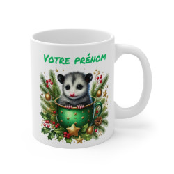 Mug Personnalisé Opossum en Céramique - Idée Cadeau de Noël avec Prénom - Tasse Festive pour Enfants et Adultes