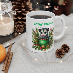 Mug Personnalisé Opossum en Céramique - Idée Cadeau de Noël avec Prénom - Tasse Festive pour Enfants et Adultes