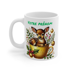 Mug Personnalisé Faon en Céramique - Cadeau de Noël Original avec Prénom - Tasse Festive pour Enfants et Adultes