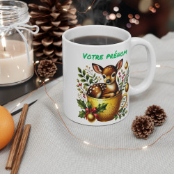 Mug Personnalisé Faon en Céramique - Cadeau de Noël Original avec Prénom - Tasse Festive pour Enfants et Adultes