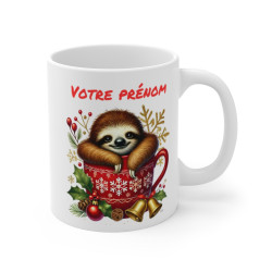 Mug Personnalisé Paresseux en Céramique - Cadeau de Noël avec Prénom - Tasse Festive pour Enfants et Adultes
