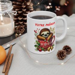 Mug Personnalisé Paresseux en Céramique - Cadeau de Noël avec Prénom - Tasse Festive pour Enfants et Adultes