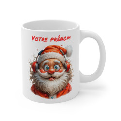 Mug Personnalisé de Noël avec Père Noël Écouteurs - Tasse en Céramique avec Prénom - Cadeau Musical Festif