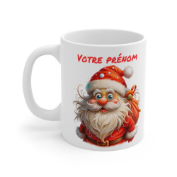 Mug Personnalisé de Noël avec Père Noël et Sac de Cadeaux - Tasse en Céramique Festive - Prénom au Choix