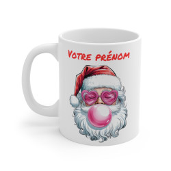 Mug de Noël Personnalisé - Père Noël Cool avec Lunettes en Cœur et Bulle de Chewing-gum - Prénom au Choix