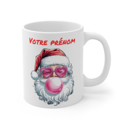 Mug de Noël Personnalisé - Père Noël Cool avec Lunettes en Cœur et Bulle de Chewing-gum - Prénom au Choix
