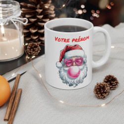 Mug de Noël Personnalisé - Père Noël Cool avec Lunettes en Cœur et Bulle de Chewing-gum - Prénom au Choix
