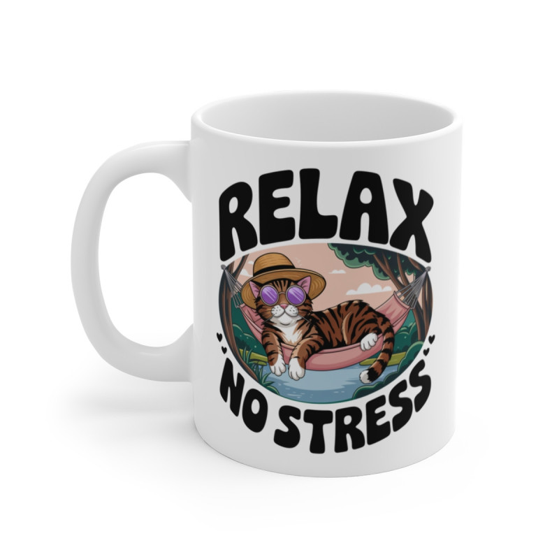 Mug Tasse Animal Relax "No Stress" avec Chat Détendu – Tasse en Céramique Anti-Stress –Idée Cadeau Originale
