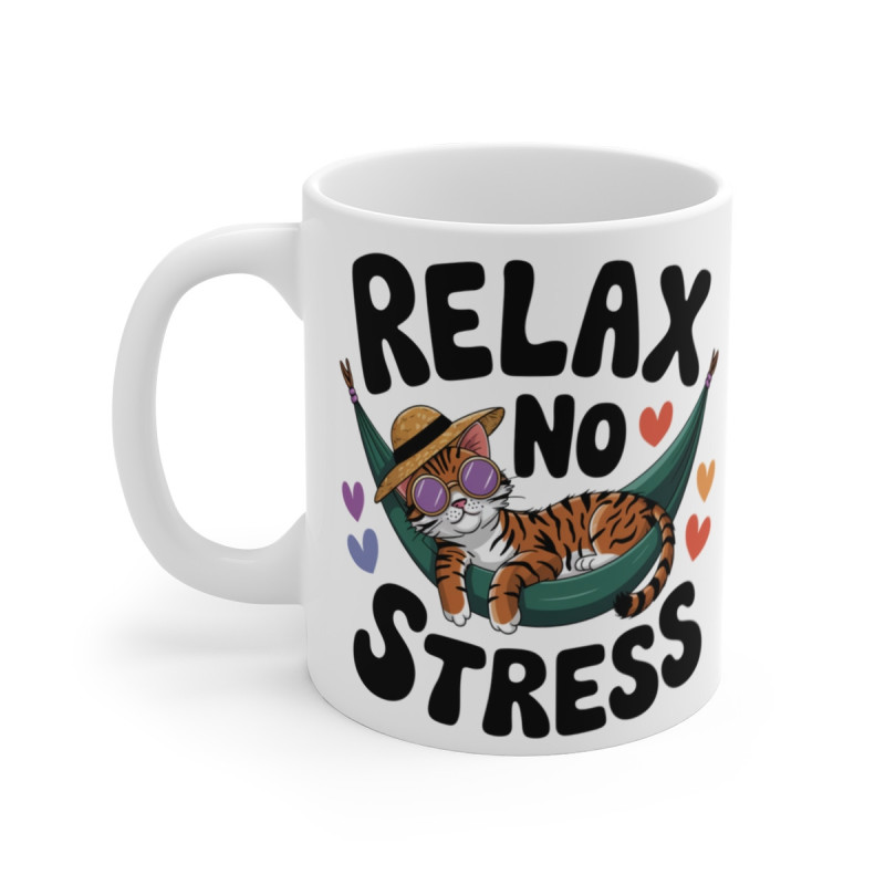 Mug Animal "No Stress" avec Chat Cool en Hamac - Tasse en Céramique Anti-Stress - Idée Cadeau pour les Moments de Détente