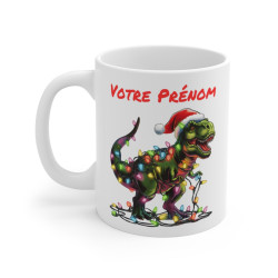 Mug Personnalisé T-Rex de Noël avec Guirlande Lumineuse - Cadeau Original et Festif pour les Amoureux des Dinosaures