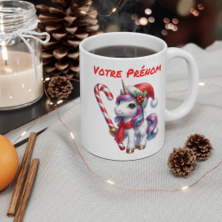 Mug Licorne de Noël Personnalisé - Tasse  avec Bonnet de Noël et Sucre d'Orge - Cadeau Féérique pour enfants et adultes