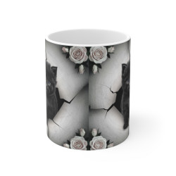 Mug Tasse Animal Chat "Chaton Noir et Roses Blanches" - Élégance et Mystère Félin