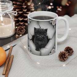 Mug Tasse Animal Chat "Chaton Noir et Roses Blanches" - Élégance et Mystère Félin