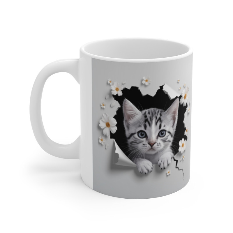 Mug "Tasse Animal Chaton et Fleurs Blanches" - Douceur et Élégance Féline pour enfants et adultes