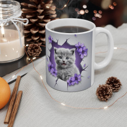 Mug Tasse Animal "Chaton Gris et Fleurs Violettes" - Élégance et Douceur pour enfants et adultes