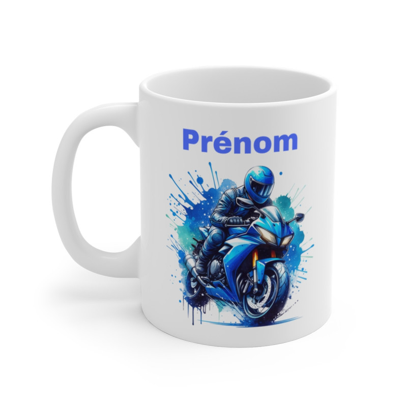 Mug Motard Moto Bleu Personnalisable– Tasse Céramique 325ml avec Design Moto – Cadeau Passion Moto et Aventure