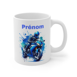 Mug Motard Moto Bleu Personnalisable– Tasse Céramique 325ml avec Design Moto – Cadeau Passion Moto et Aventure