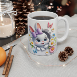 Mug Lapin Mignon avec Nœud Violet et Fleurs Printanières - Tasse Adorable pour Petits et Grands