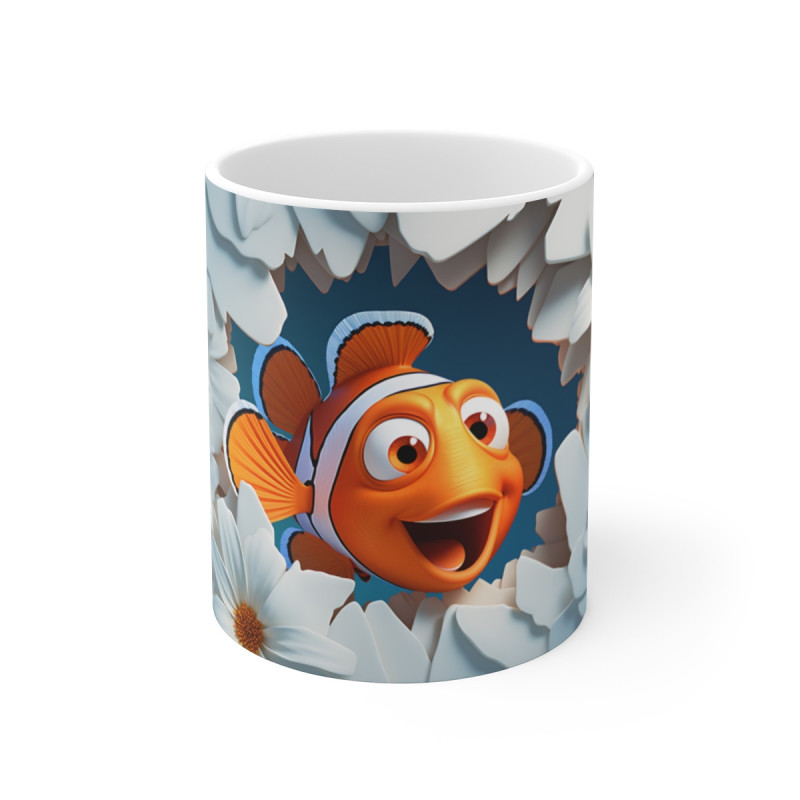Mug Tasse Poisson-Clown Orange Tropical avec Fleurs Blanches - Design 3D Marin et Floral