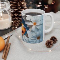 Mug Tasse Poisson-Clown Orange Tropical avec Fleurs Blanches - Design 3D Marin et Floral