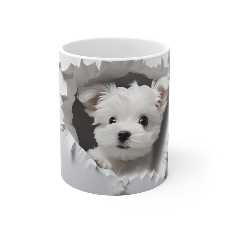 Mug Tasse Animal Chien Blanc Mignon - Design 3D avec Fleurs Blanches et Effet Mur Brisé