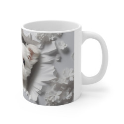 Mug Tasse Animal Chien Blanc Mignon - Design 3D avec Fleurs Blanches et Effet Mur Brisé