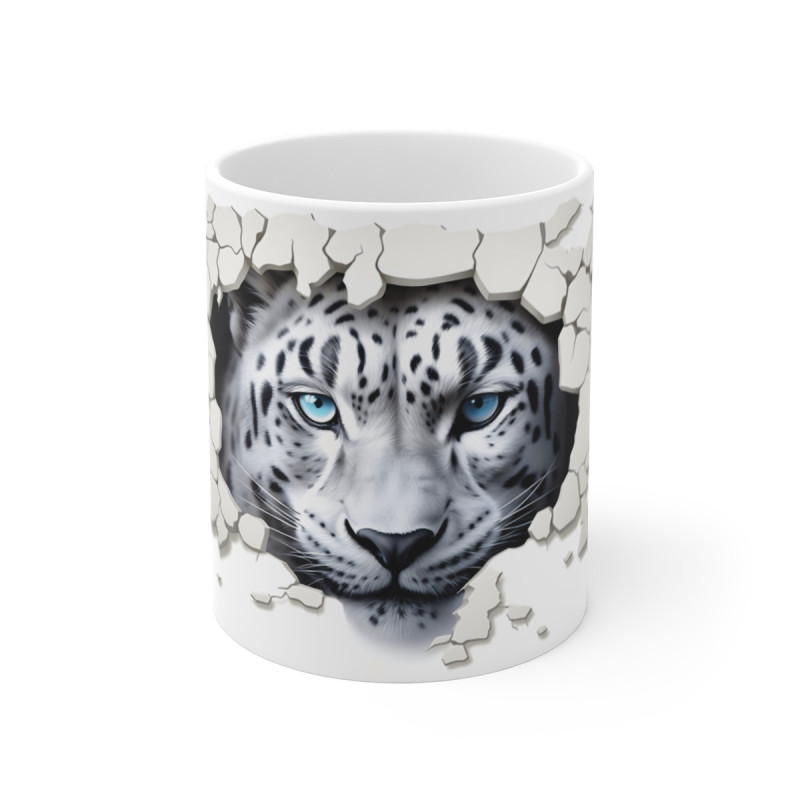 Mug Tasse Léopard des Neiges 3D - Design Hyperréaliste, Effet Mur Brisé, Félin Majestueux