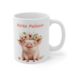 Mug Tasse Personnalisé avec Prénom - Adorable Petit Cochon Fleur  Cadeau Original et Unique  Céramique Premium