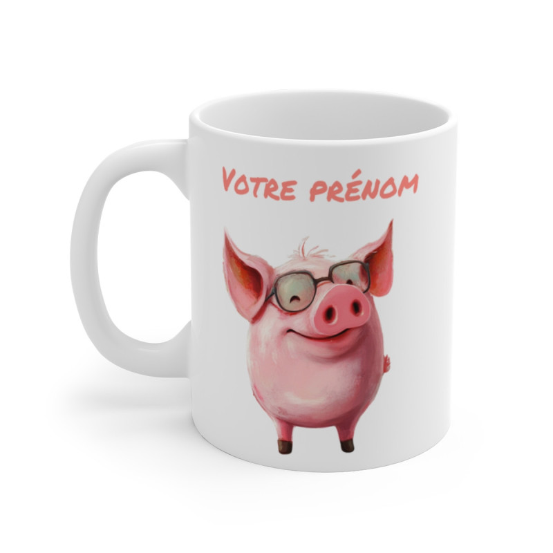 Mug Tasse Prénom Personnalisé - Cochon Trop Mignon avec Lunettes Tasse Céramique de Qualité Idée Cadeau Originale et Fun