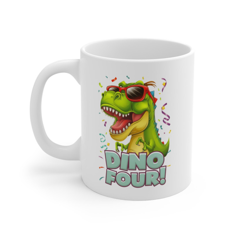 Mug Dino Four - Tasse en Céramique avec T-Rex Festif et Lunettes de Soleil,  Fans de Dinosaures et les Anniversaires