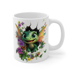 Mug Tasse Bébé Dragon Vert Ailé – Créature Fantastique, Fleurs et Papillons – Tasse Magique 3D
