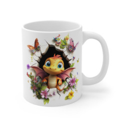 Mug Tasse Bébé Dragon Orange Ailé – Tasse Magique Fantasy avec Fleurs et Papillons – Cadeau Geek Original
