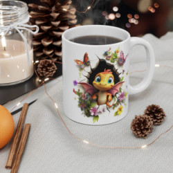 Mug Tasse Bébé Dragon Orange Ailé – Tasse Magique Fantasy avec Fleurs et Papillons – Cadeau Geek Original